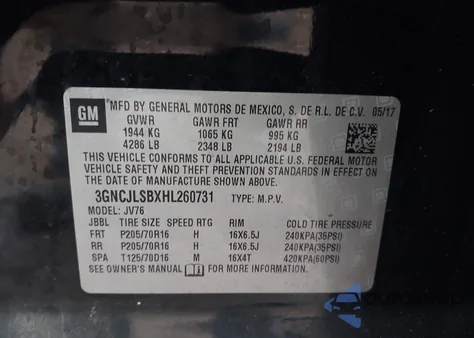 2017 Chevrolet Trax Lt from USA, damaged, VIN 3GNCJLSBXHL260731